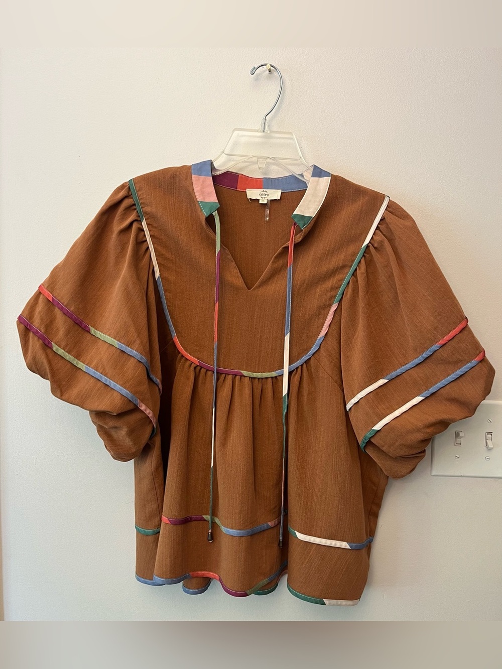 entero Brown Colorful Trim Short Puff Sleeve Blouse Size M